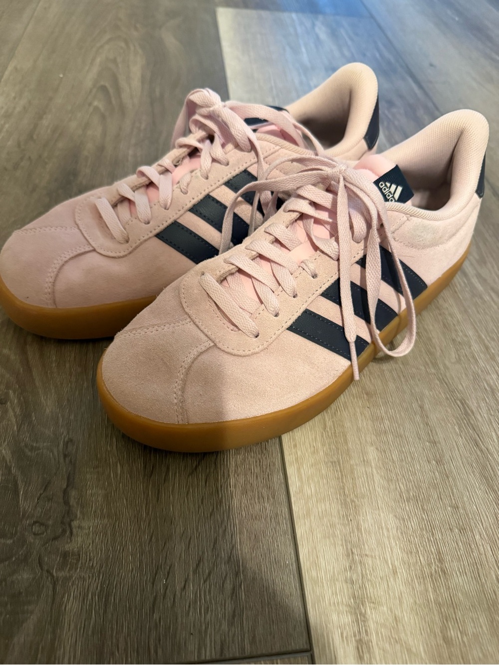 adidas Women's Pink Suede Sneakers with Navy Stripes and Gum Sole